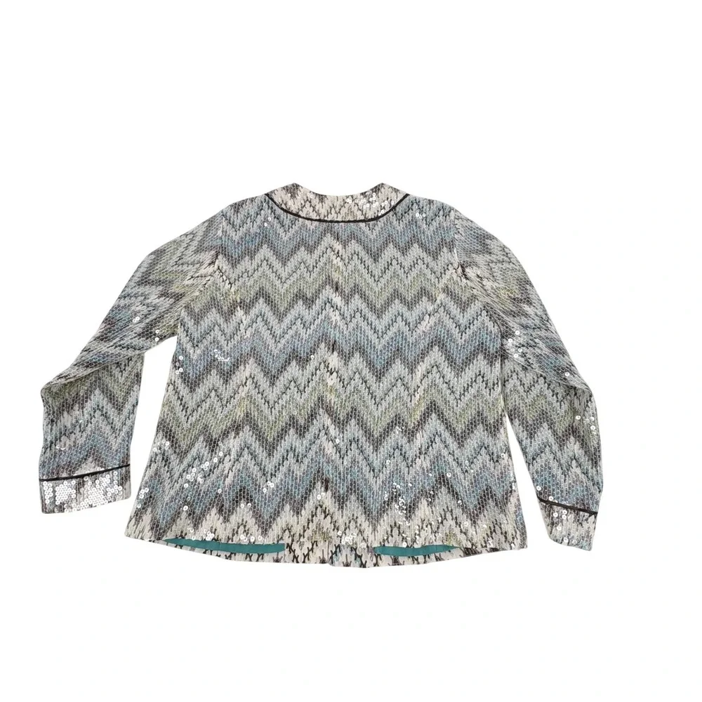 Chicos Sequin Chevron Zigzag Jacket Blue Green Metallic Hook Eye‎ Size 3 XL